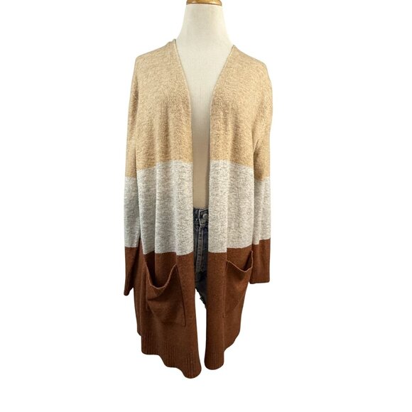 A New Day Sweater Women's XL Open Front Knit Cardigan Pockets Colorblock Stripe - Picture 1 of 8